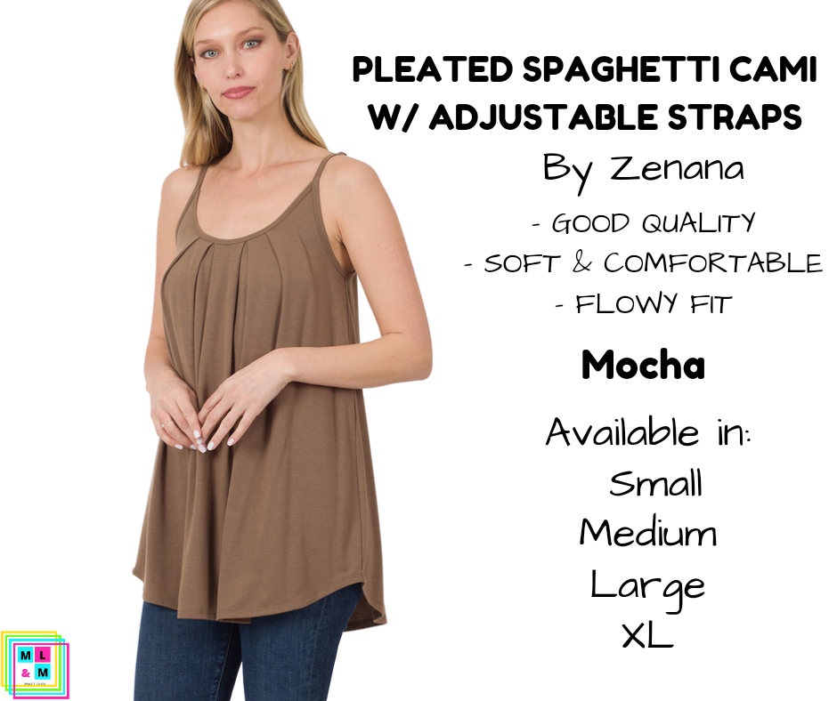 Pleated Spaghetti Strap Cami - Mocha