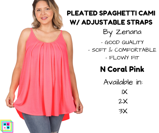 PLUS Pleated Spaghetti Strap Cami - N Coral Pink