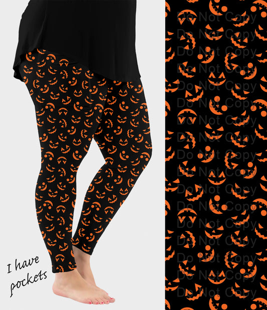 RTS - Orange Pumpkin Faces Halloween Leggings with Pockets