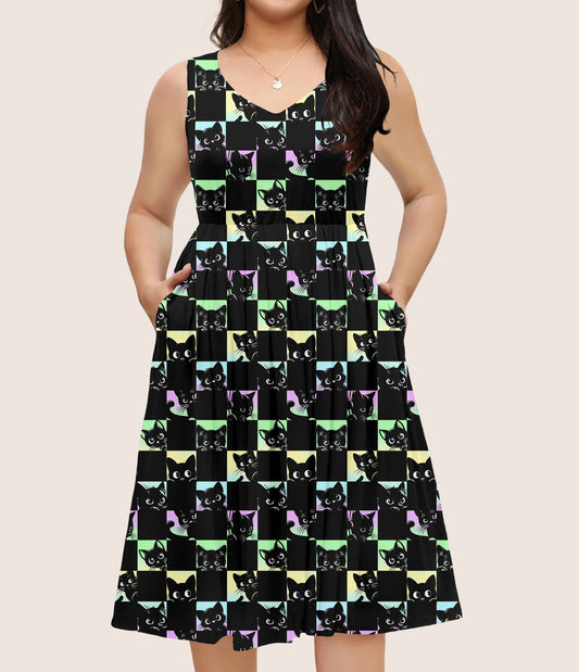 RTS - Peekaboo Cats Sleeveless Pocket Dress