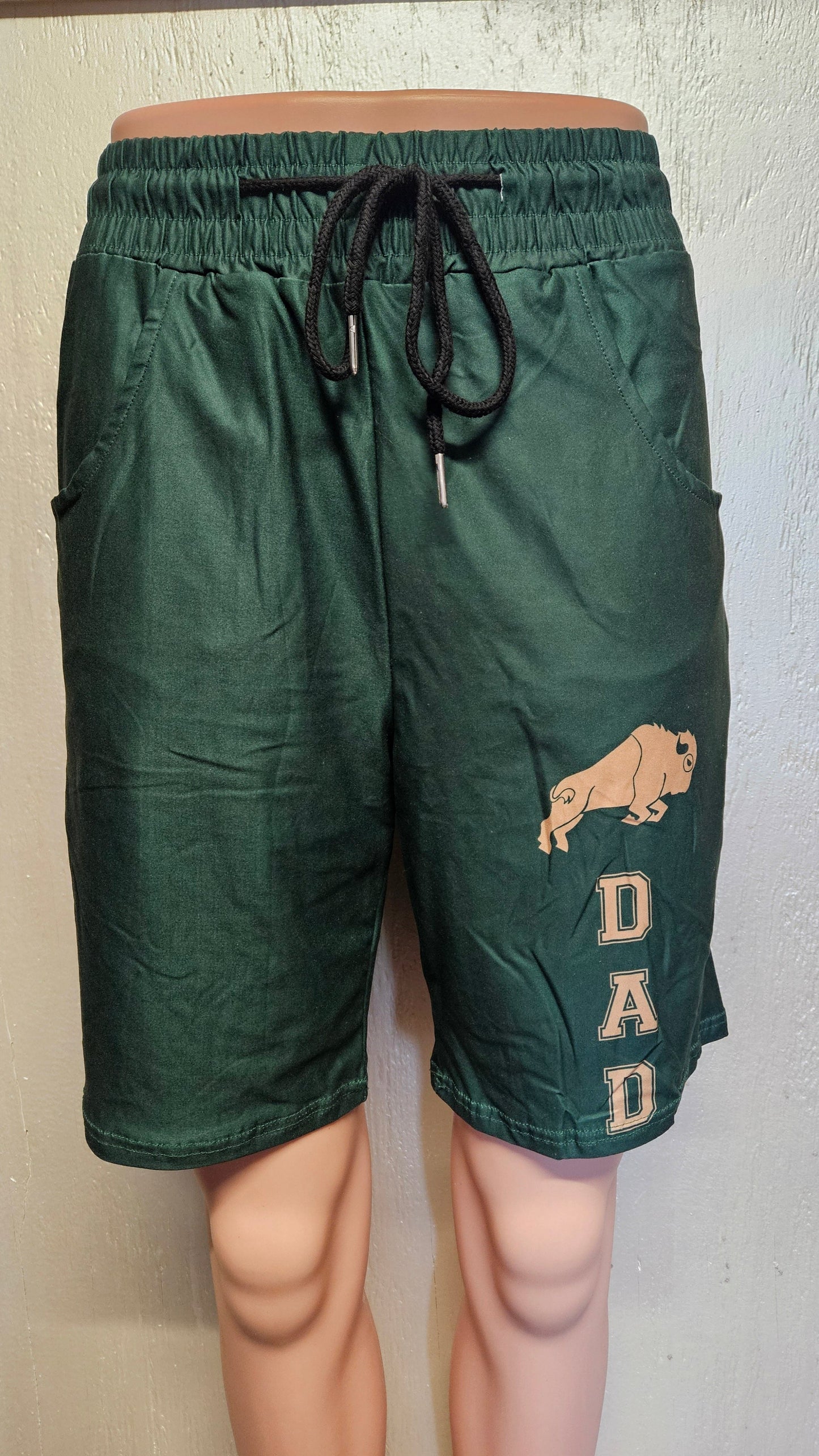 Green and Gold Buffalo Dad jogger shorts with 8" inseam