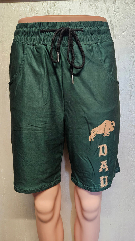 Green and Gold Buffalo Dad jogger shorts with 8" inseam