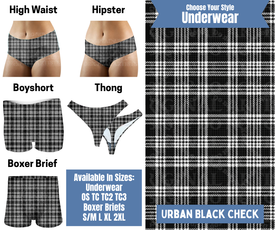 Preorder! Closes 8/26. ETA Nov. Urban Black Check Hipster, High Waist, Boyshort, & Thong Underwear & Boxer Briefs