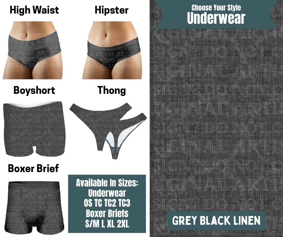 Preorder! Closes 9/30. ETA Dec. Grey Black Linen Hipster, High Waist, Boyshort, & Thong Underwear & Boxer Briefs