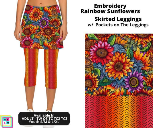 Preorder! Closes 4/8. ETA May. Embroidery Rainbow Sunflowers Skirted Capri Leggings w/ Pockets