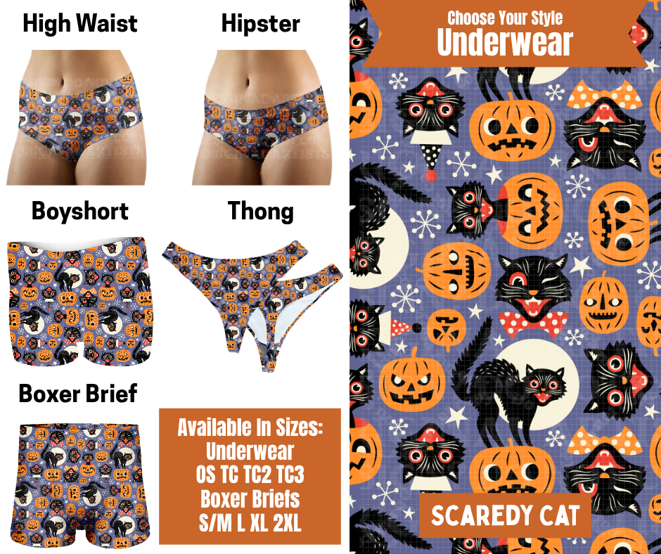 Preorder! Closes 7/30. ETA Oct. Scaredy Cat Hipster, High Waist, Boyshort, & Thong Underwear & Boxer Briefs