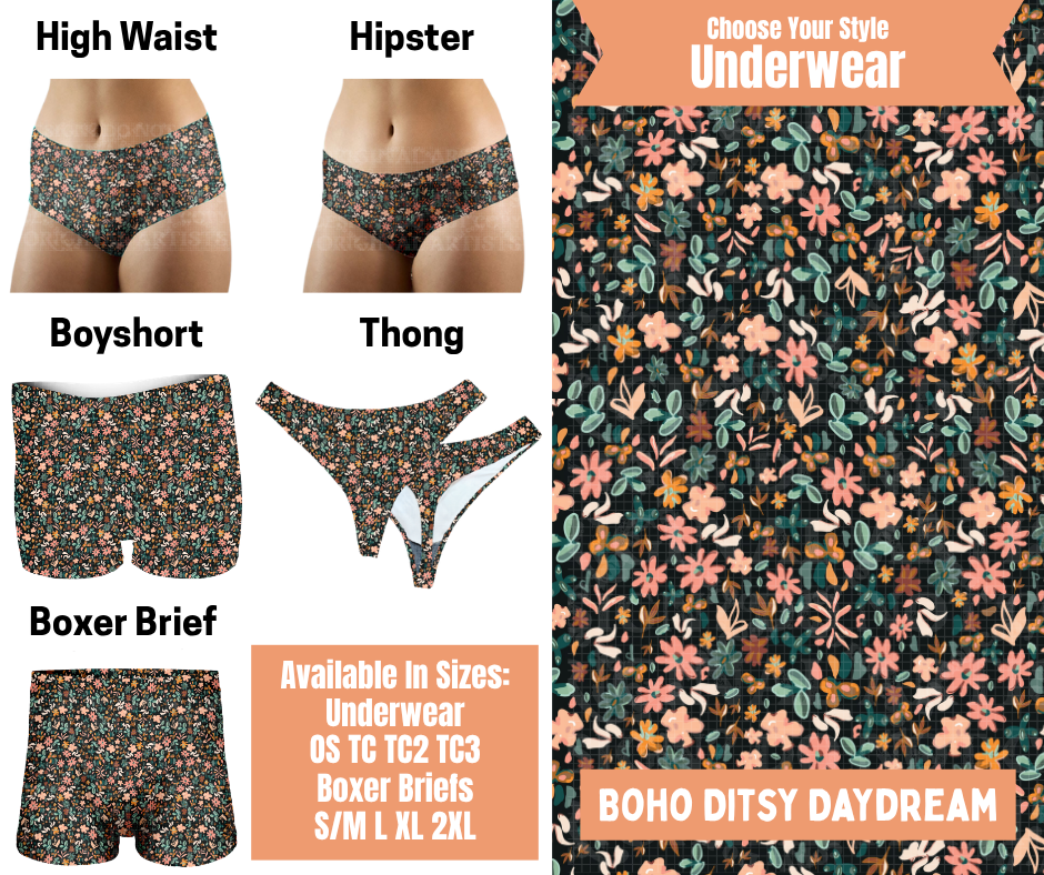Preorder! Closes 11/5. ETA Feb. Boho Ditsy Daydream Hipster, High Waist, Boyshort, & Thong Underwear & Boxer Briefs