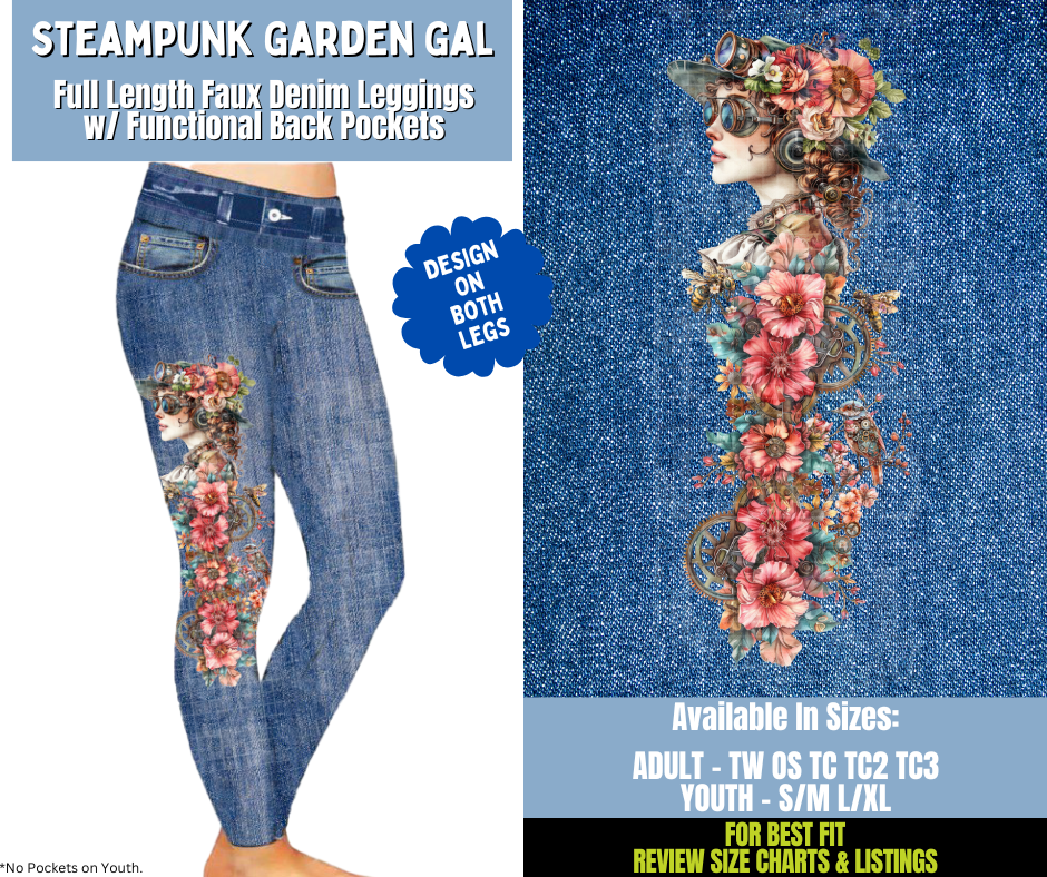 Preorder! Closes 12/15. ETA March. Steampunk Garden Gal Full Length Faux Denim w/ Side Leg Designs