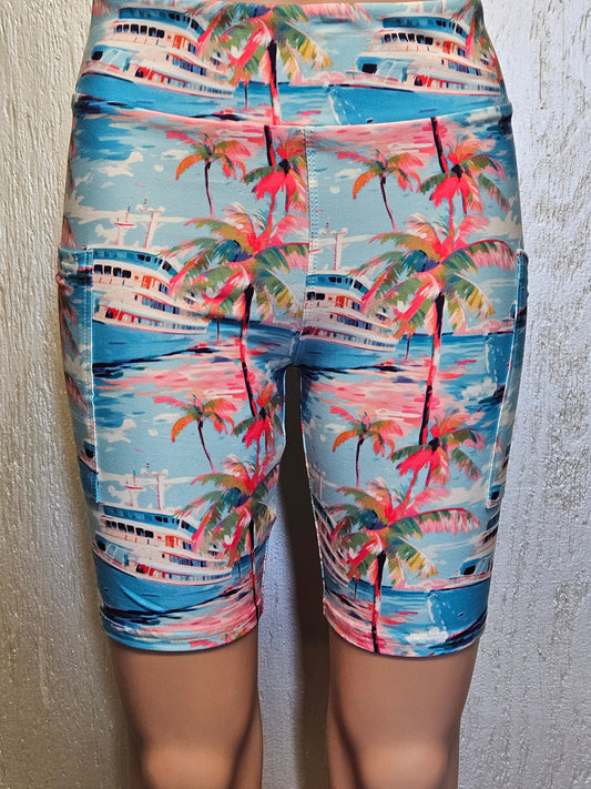 Watercolor Cruise capris and biker shorts with pockets.