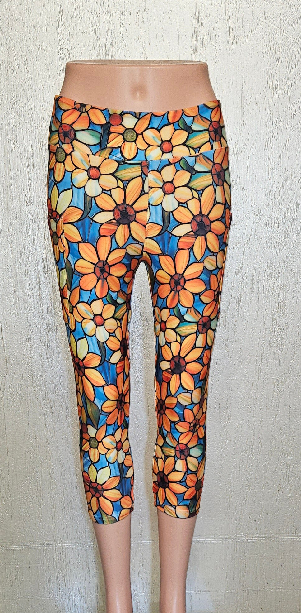 Stained Glass Sunflower capris and biker shorts with pockets