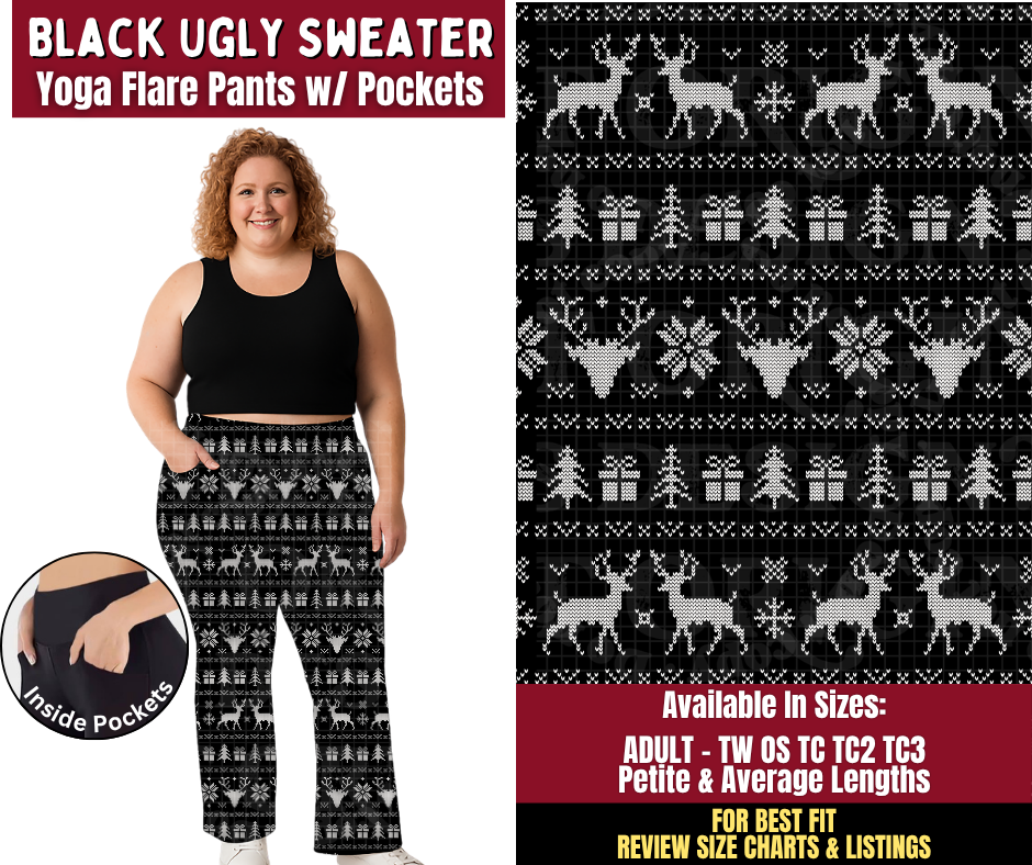 Preorder! Closes 8/24. ETA Nov. Black Ugly Sweater Yoga Flare Pants