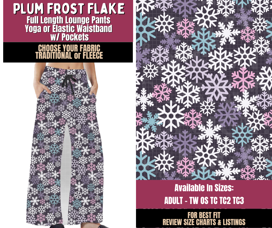Preorder! Closes 8/27. ETA Nov. Plum Frost Flakes Lounge Pants Choose Fleece or Traditional
