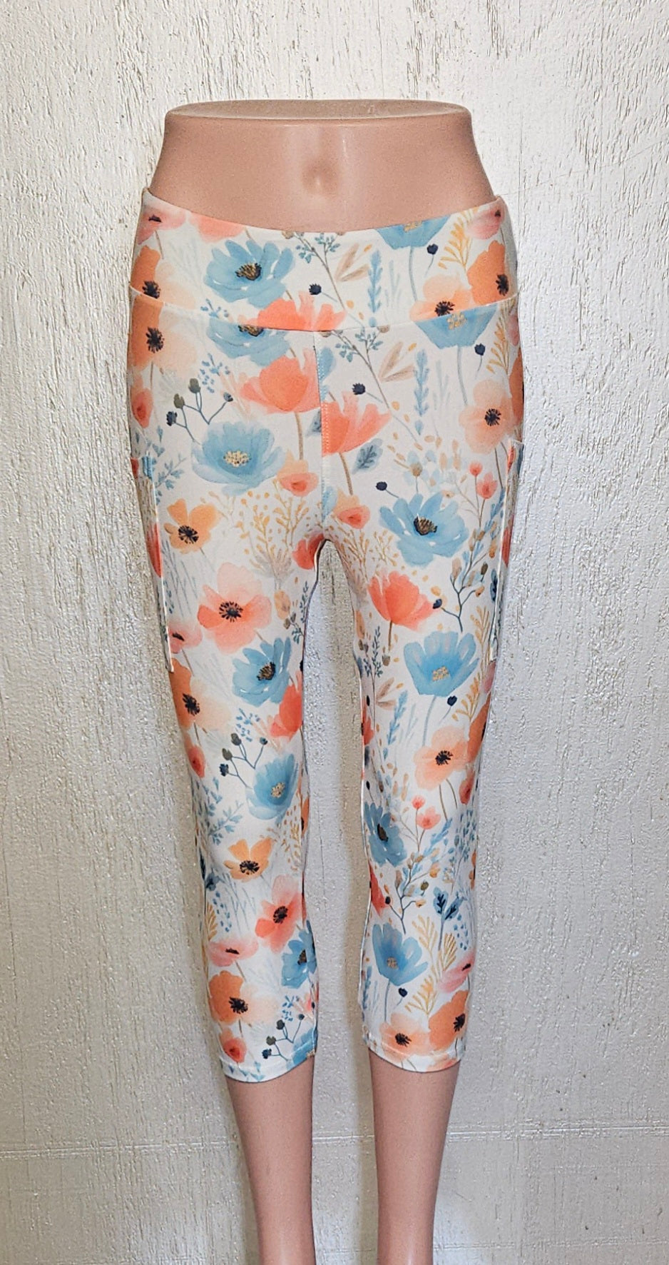 Peach and Blue Flowers capris with pockets