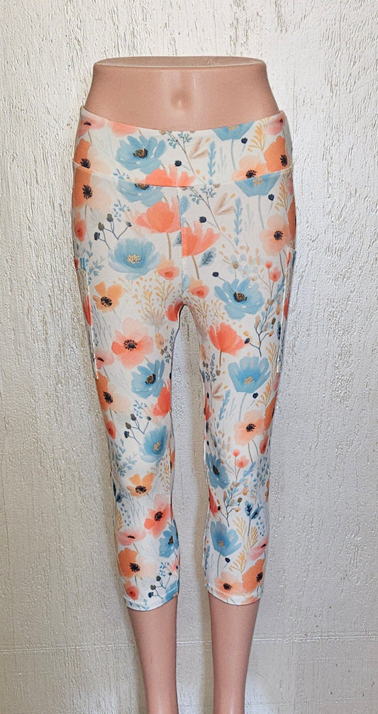 Peach and Blue Flowers capris with pockets
