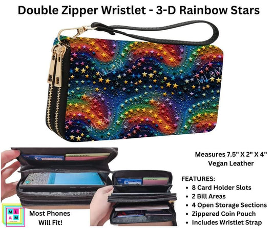 3-D Rainbow Stars Double Zipper Wristlet