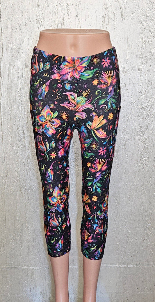 Black Neon Flower capris with pockets