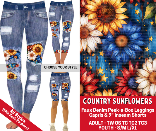Preorder! Closes 3/19. ETA June. Country Sunflowers Combo Faux Denim Peekaboo Legging Lengths