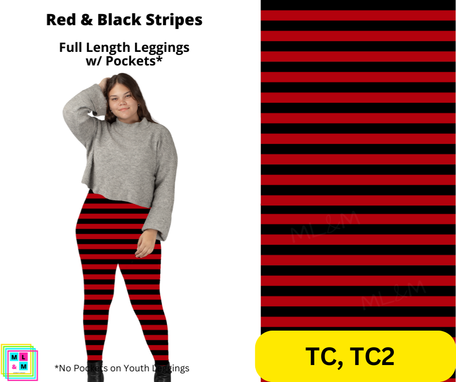 Red & Black Stripes Full Length Leggings w/ Pockets