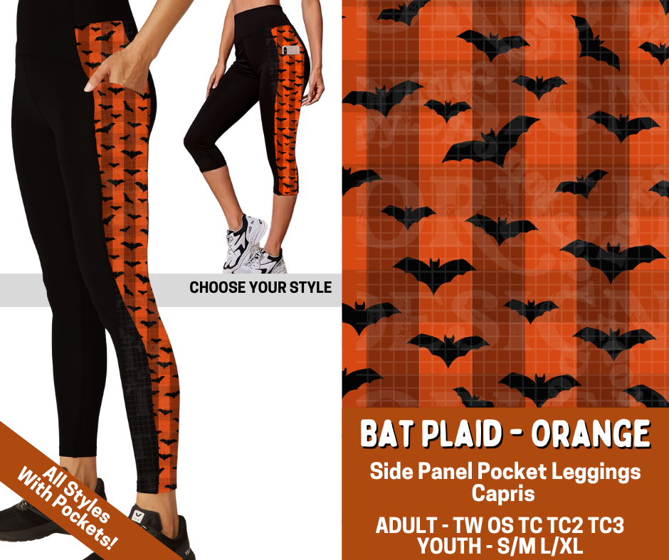 Preorder! Closes 7/13. ETA Oct. Bat Plaid - Orange Combo Side Panel Legging Lengths