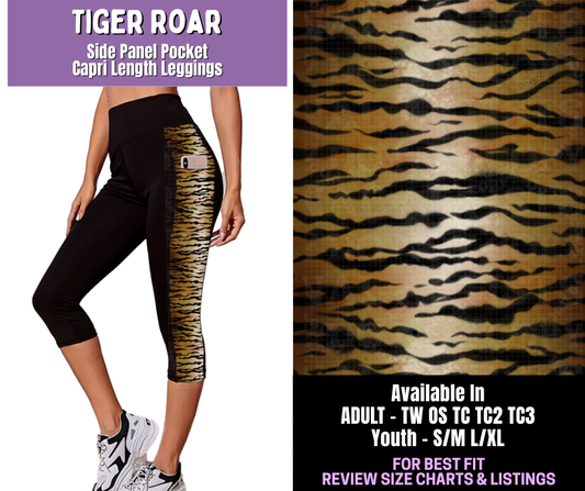 Preorder! Closes 12/18. ETA March. Tiger Roar Side Panel Pocket Capri Length Leggings
