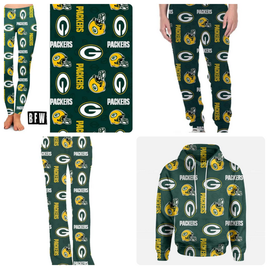 Green Bay legging, lounge pants, joggers and zip up hoodies