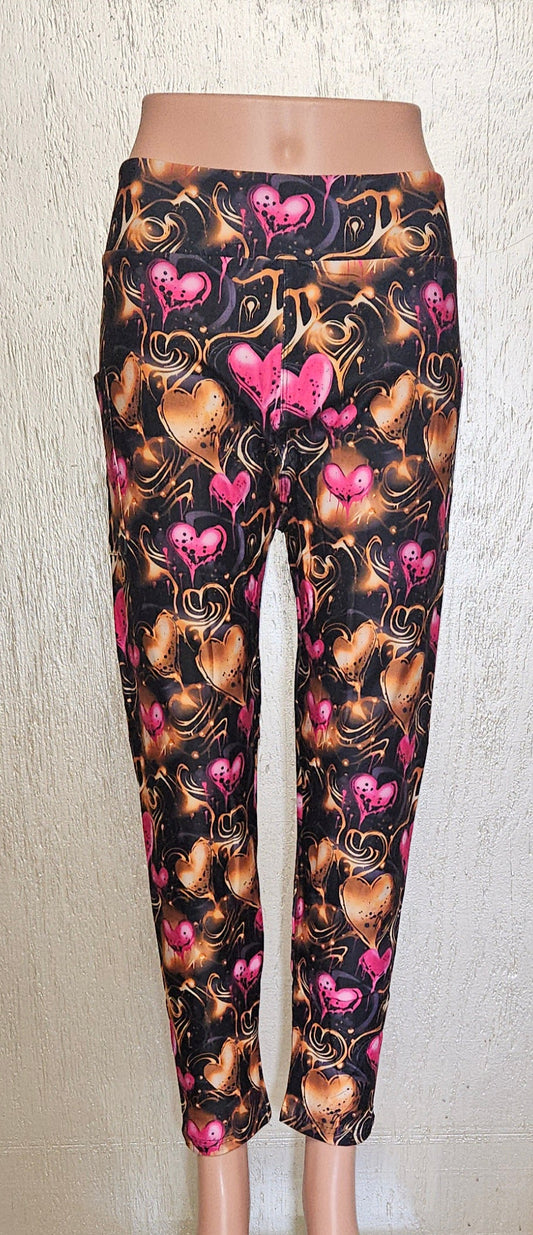 Gold & Pink Hearts leggings and skorts with pockets