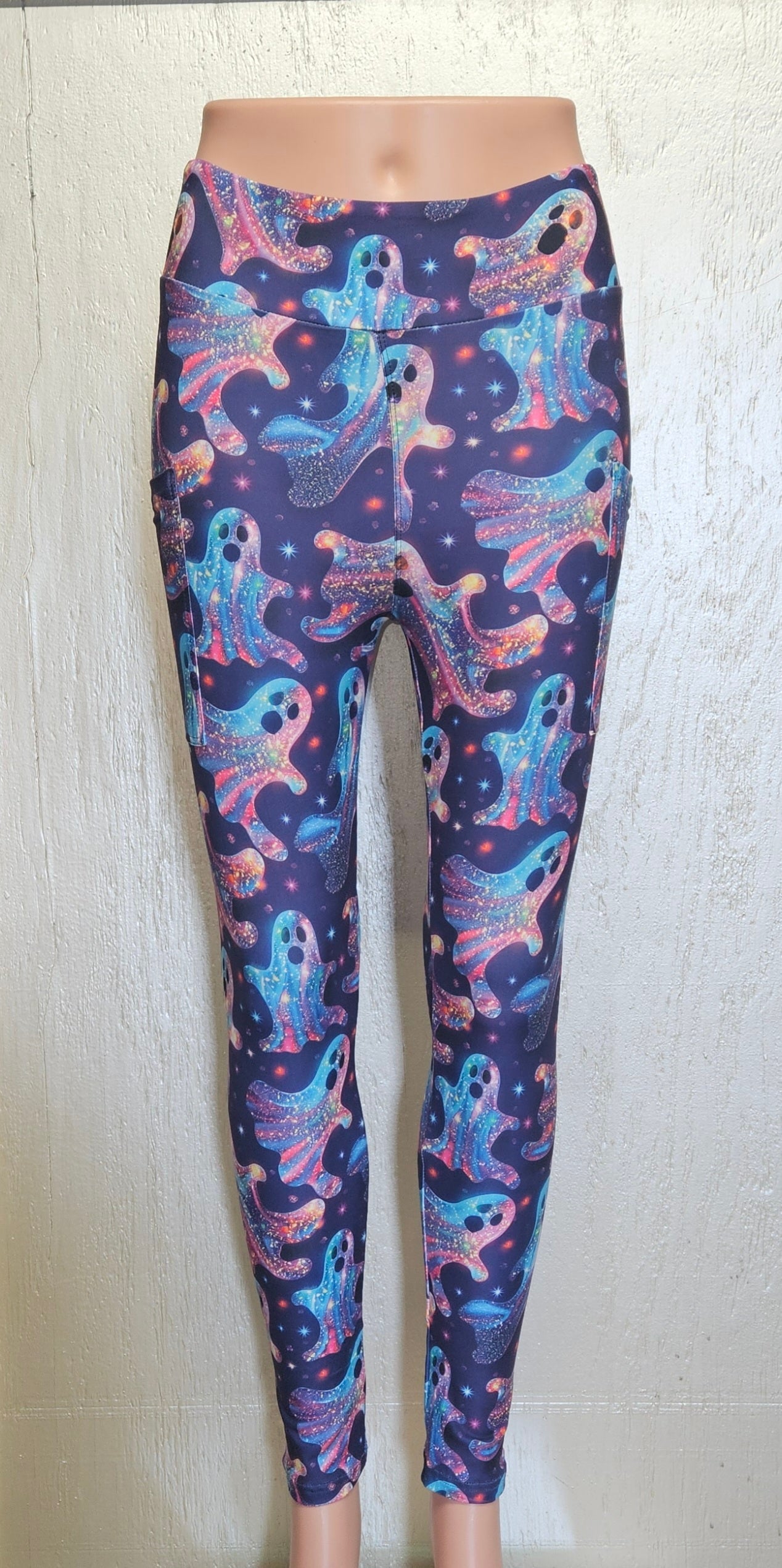 Neon Glitter Ghosts leggings, capris, and bike shorts with pockets