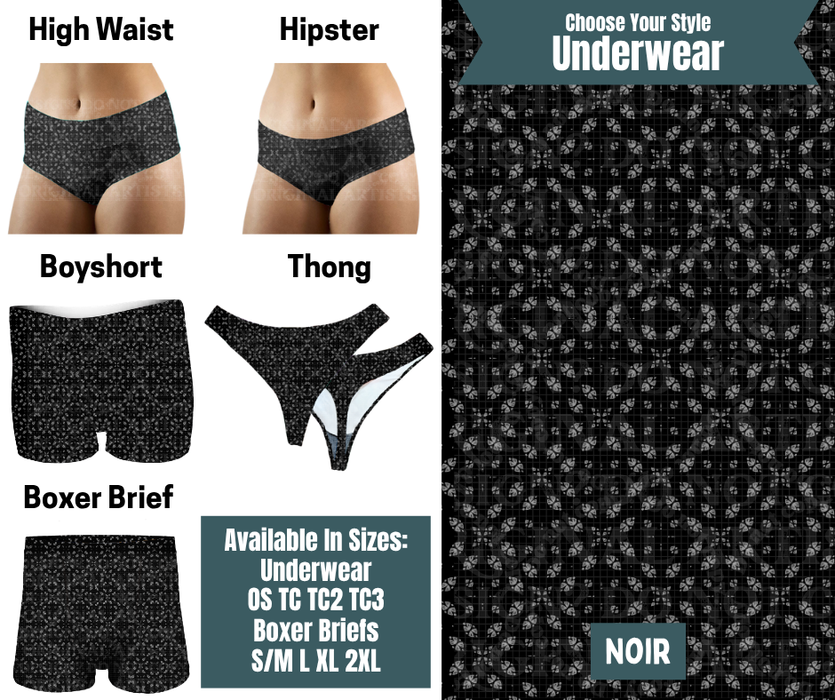 Preorder! Closes 9/30. ETA Dec. Noir Hipster, High Waist, Boyshort, & Thong Underwear & Boxer Briefs
