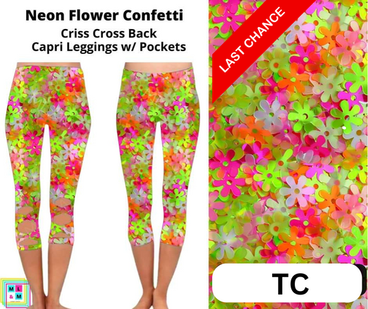 Neon Flower Confetti Criss Cross Capri w/ Pockets