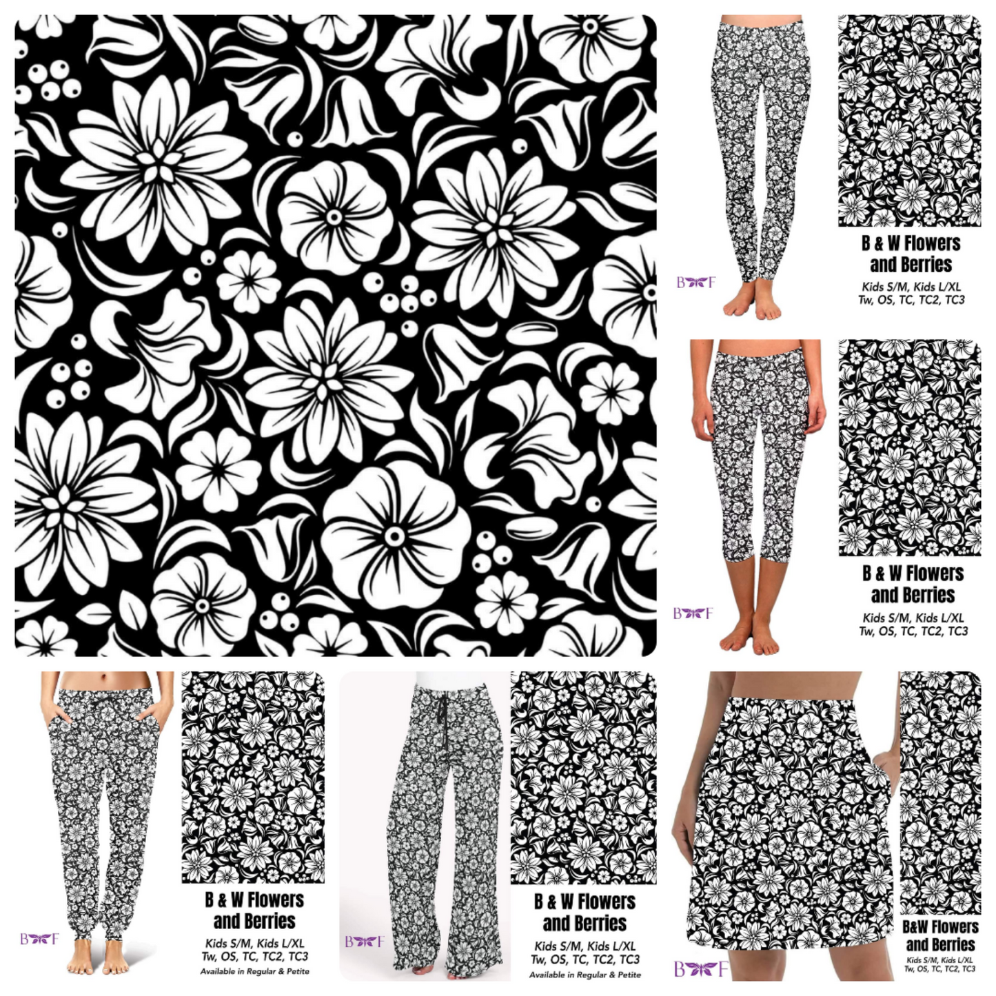 Black and white flowers and berries leggings and capris with pockets