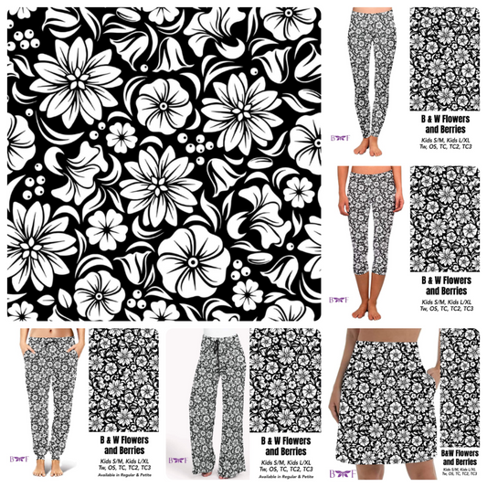 Black and white flowers and berries leggings and capris with pockets