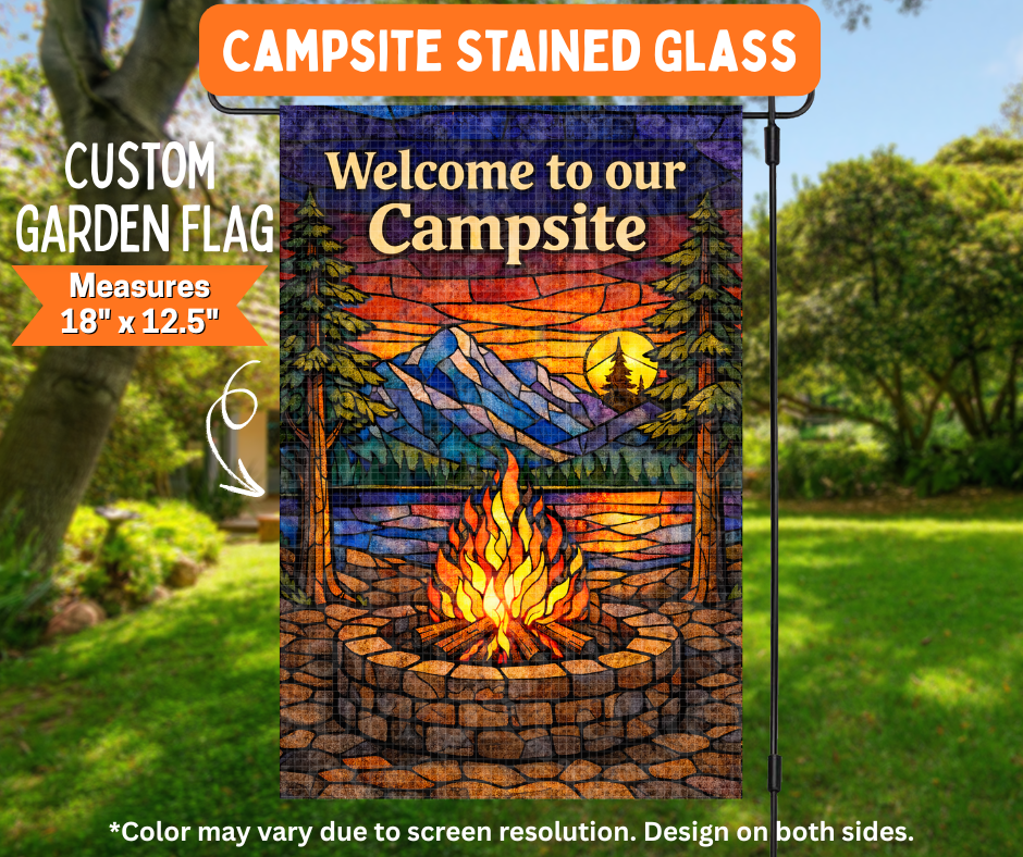 Preorder! Closes 7/6. ETA Oct. Campsite Stained Glass Garden Flag