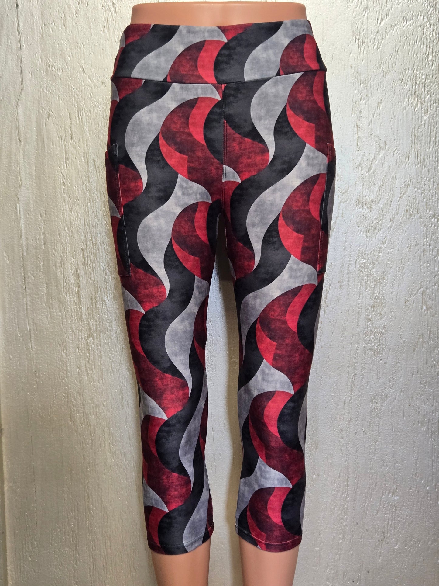 Burgundy, black, and Grey waves capris and skorts with pockets