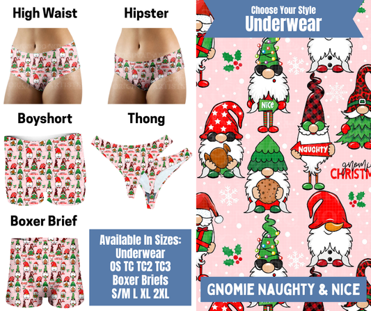 Preorder! Closes 8/26. ETA Nov. Gnomie Naughty & Nice Hipster, High Waist, Boyshort, & Thong Underwear & Boxer Briefs