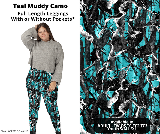 Preorder! Closes 11/27. ETA Feb. Teal Muddy Camo Full Length Leggings w/wo Pockets