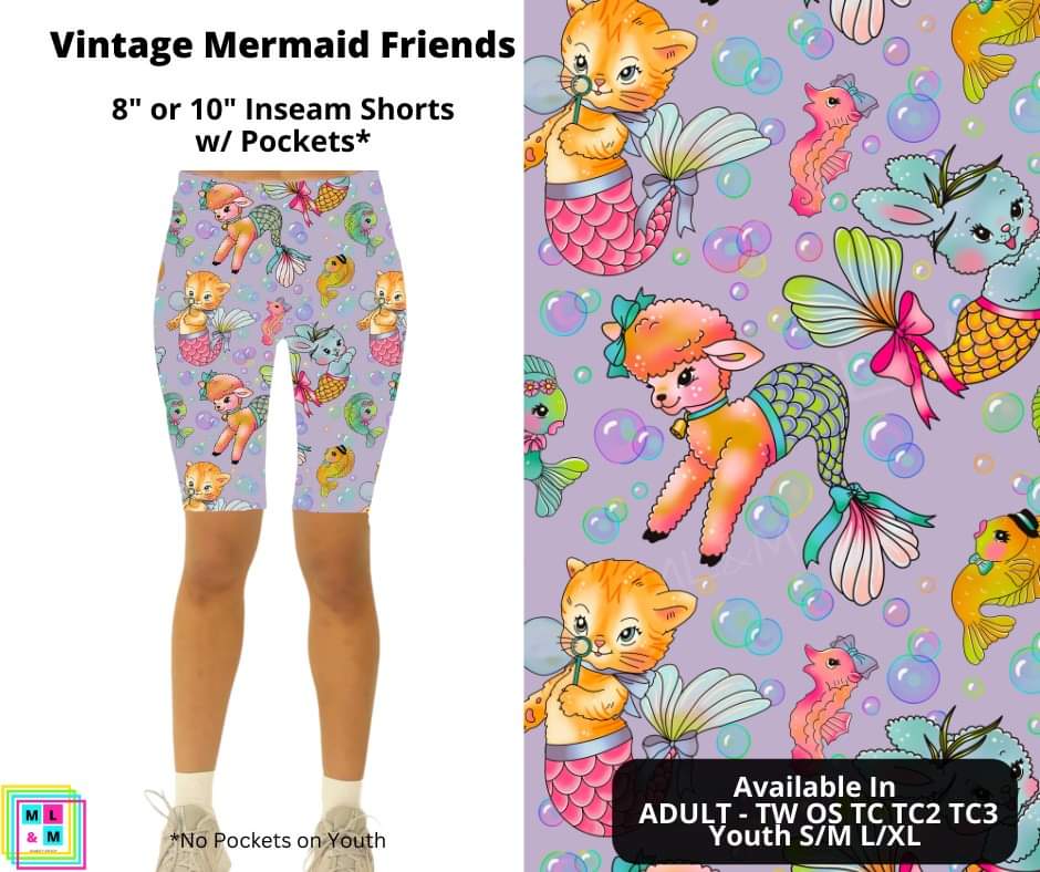 Vintage Mermaid Friends 8" or 10" Inseam Shorts