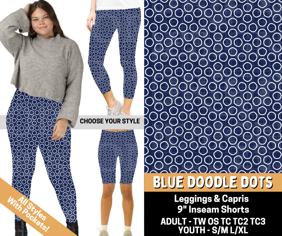 Preorder! Closes 5/25. ETA Aug. Blue Doodle Dots Combo Legging Lengths