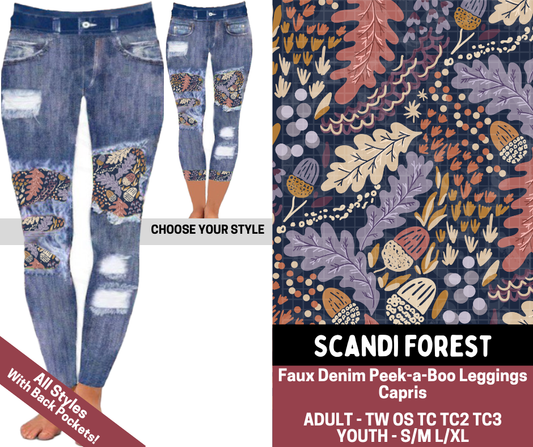 Preorder! Closes 7/23. ETA Oct. Scandi Forest Combo Faux Denim Peekaboo Legging Lengths