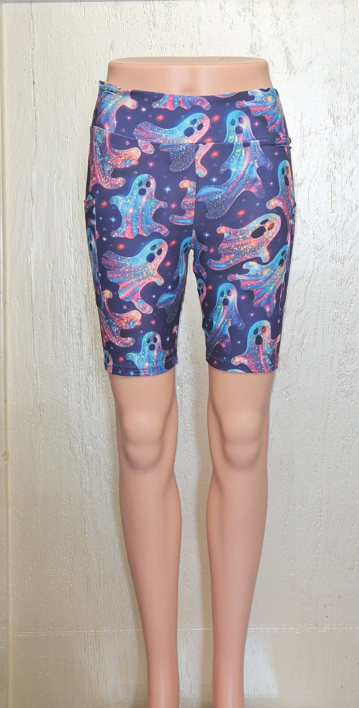 Neon Glitter Ghosts leggings, capris, and bike shorts with pockets