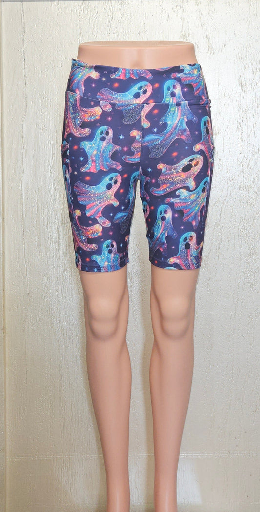 Neon Glitter Ghosts leggings, capris, and bike shorts with pockets