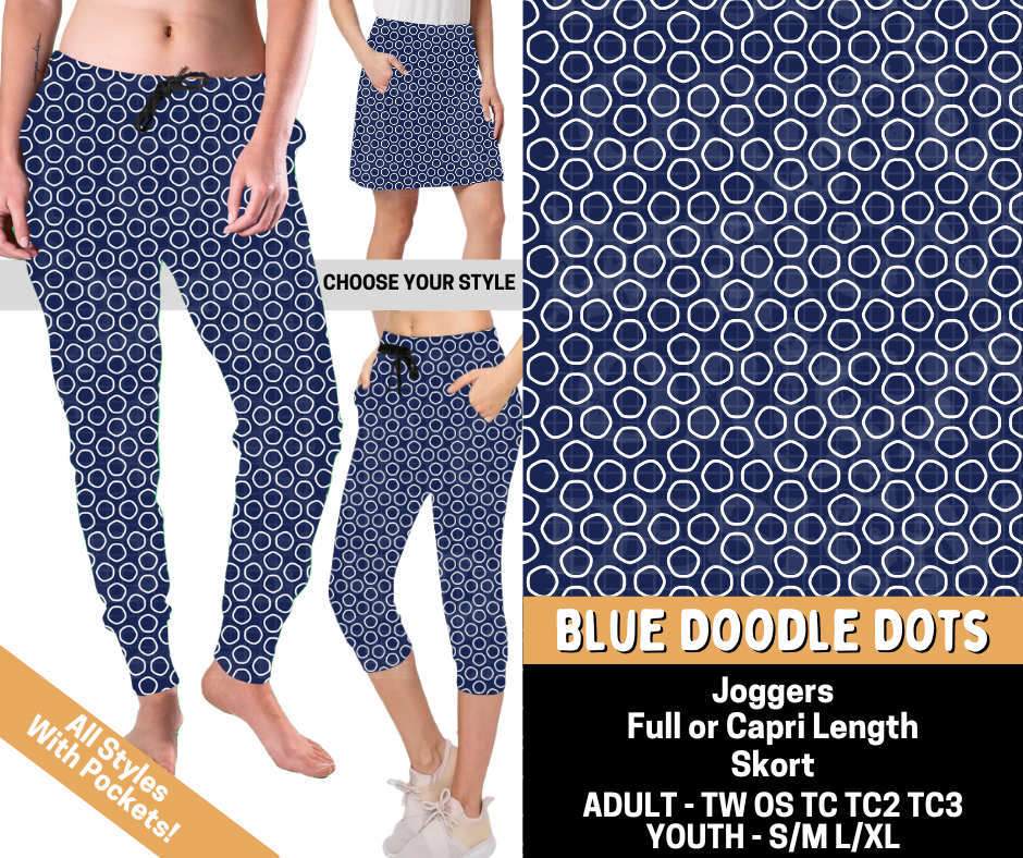 Preorder! Closes 5/25. ETA Aug. Blue Doodle Dots Combo Jogger Lengths & Skort