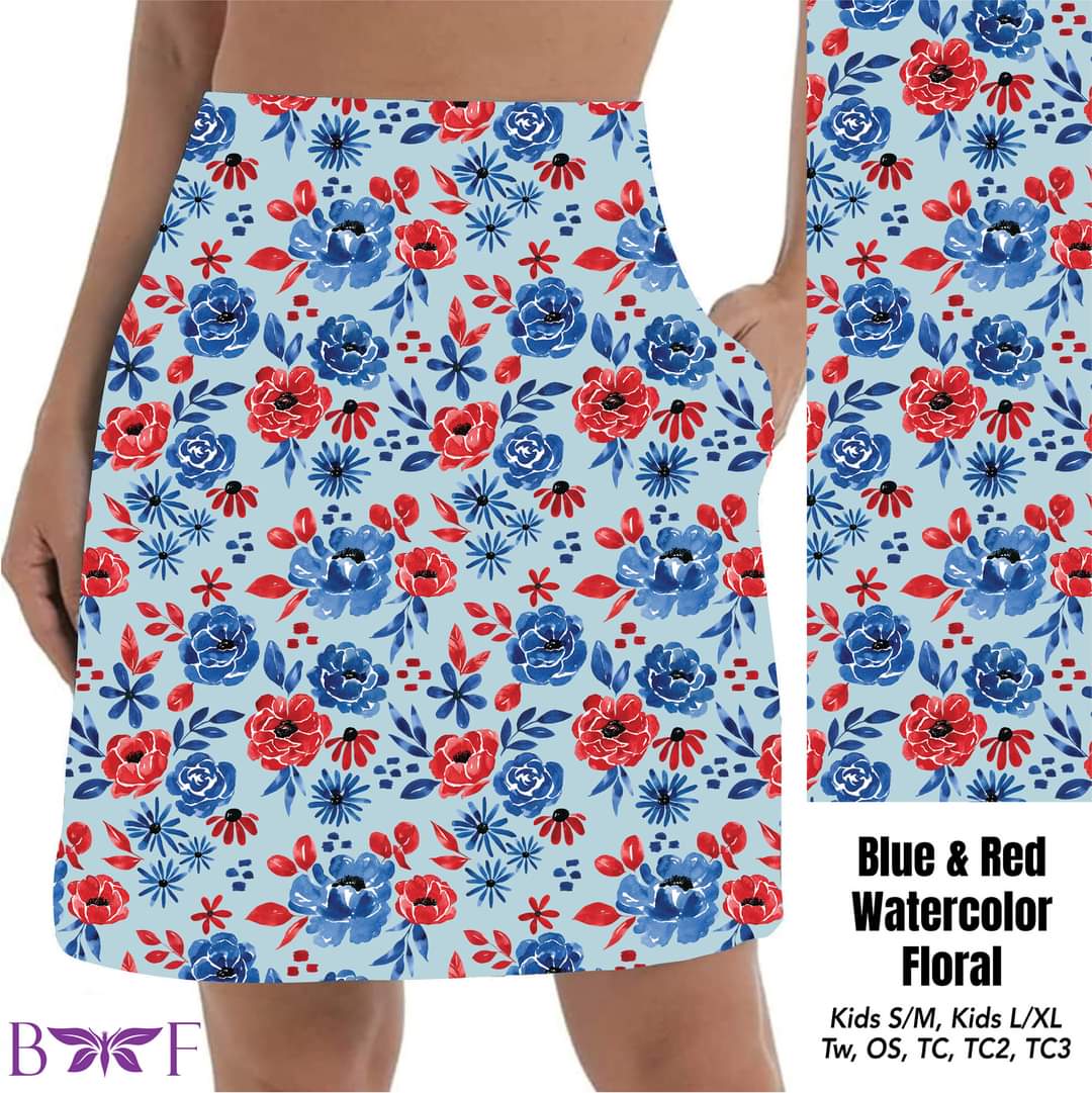 Blue & Red Watercolor Floral Leggings, Capris, Lounge Pants and Joggers
