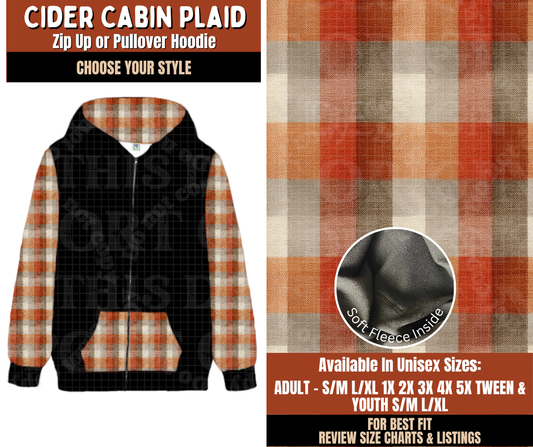 Preorder! Closes 7/20. ETA Oct. Cider Cabin Plaid Zip-Up or Pullover Hoodie