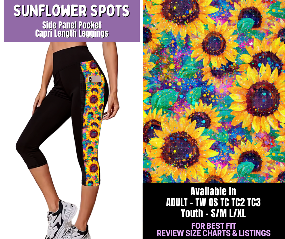 Preorder! Closes 12/18. ETA March. Sunflower Spots Side Panel Pocket Capri Length Leggings
