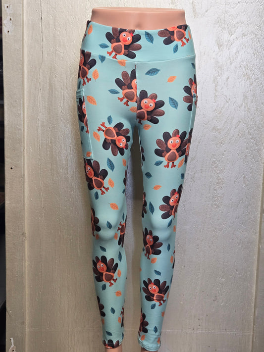 Teal turkey leggings and capris with pockets