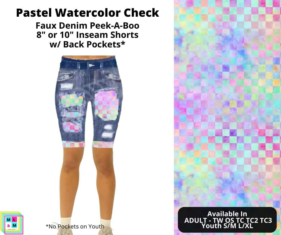 Pastel Watercolor Check Faux Denim Shorts