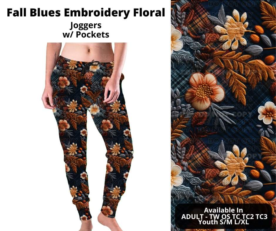 Fall Blues Embroidery Floral Joggers