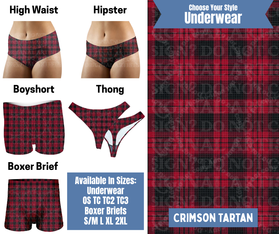 Preorder! Closes 8/26. ETA Nov. Crimson Tartan Hipster, High Waist, Boyshort, & Thong Underwear & Boxer Briefs