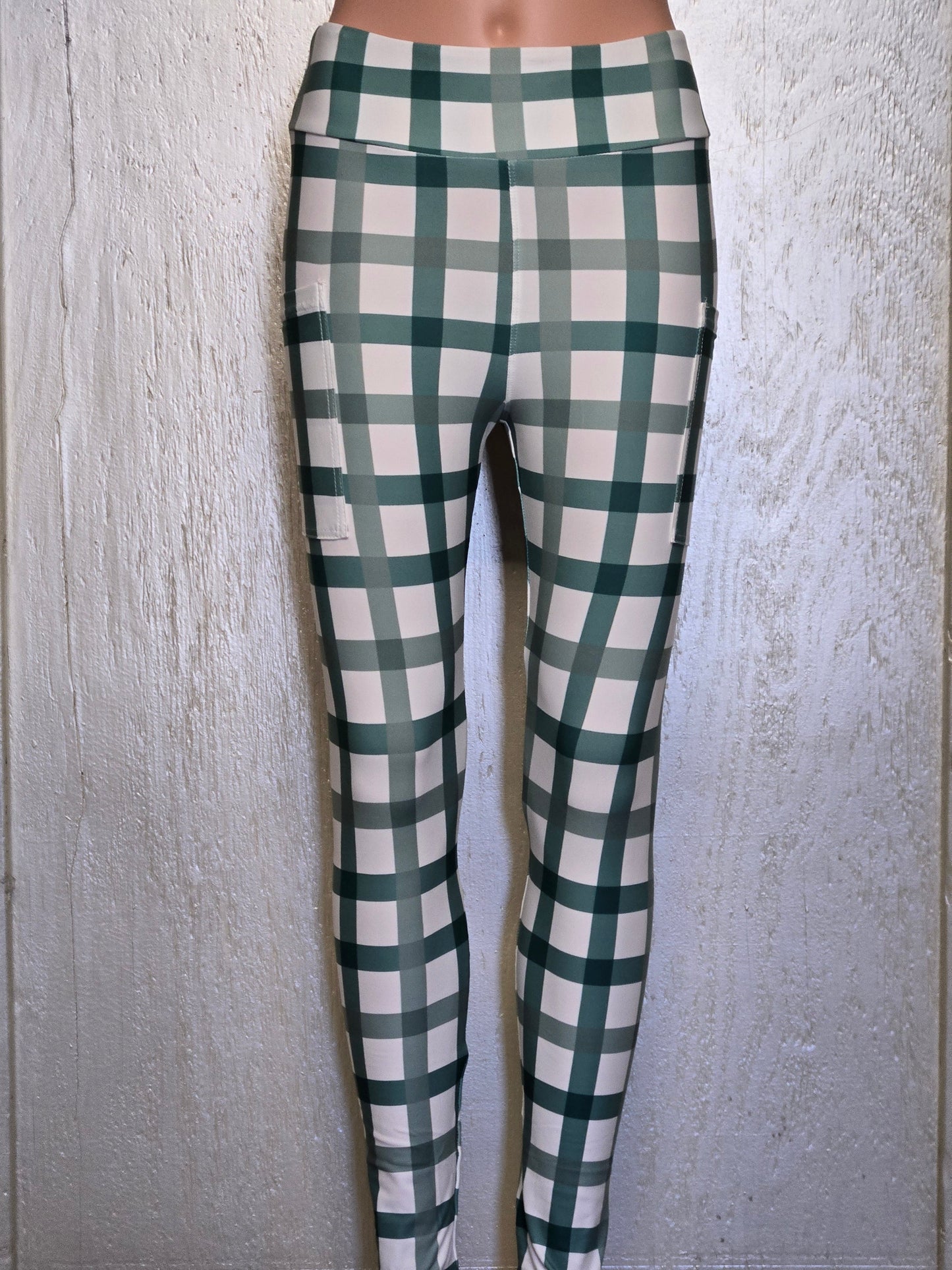 Green plaid leggings and capris with pockets