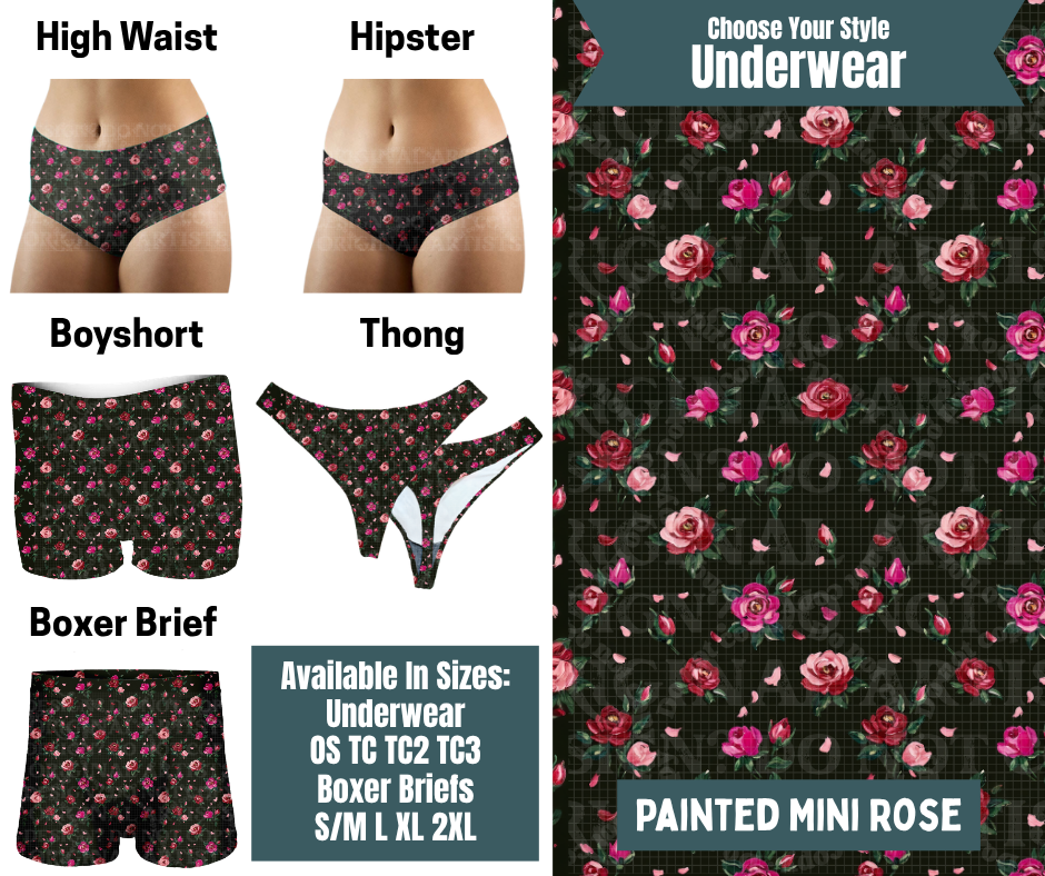 Preorder! Closes 9/30. ETA Dec. Painted Mini Rose Hipster, High Waist, Boyshort, & Thong Underwear & Boxer Briefs